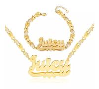 BlingSparkle Jewelry Set Custom Name Necklace Personalized Custom Name Bracelet 18K Gold Plated Double Nameplated Necklace Two Tone with Heart Customized Jewelry Gift for Women