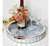 blingWorld 35 CM Round Silver Mirror Decorative Tray, Glam Geometric Serving Tray with Crushed Diamond, Glass Material for Occasions