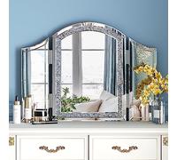 blingworld 3Way Mirror, Trifold Vanity Mirror 32"x24" Large Arch Mirror Luxury Makeup with Crushed Diamond for Home Decor Modern Framless Mirror with Bevled Hangable on The Wall for Bedroom