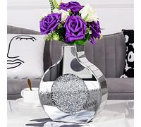 BLINGWORLD Flower Vase Mirror Finish Vases for Decor, Crystal Decorative Vase for Flower Circle Donut Crushed Diamond Home Decoration Tabletop, Silver 9 inches Tall, Can’t Hold Water
