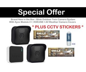 Blink Outdoor Twin Camera System: Sync Module, 4GB USB, Covers, 2 CCTV Stickers