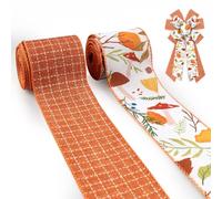 Blinket 2.5" Fall Burlap Fabric Ribbon for Wreath Bows Orange Plaid Autumn Leaf Wired Edge Ribbon for Crafts DIY 5 Yard Fall Ribbon for Thanksgiving Decorations Seasonal Gift Wrapping