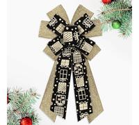 Blinket Large Christmas Bow for Wreath, 11.42 inch × 20.86 inch Black and Gold Glitter Gift Box Pattern Bow, Wired Craft Bow for Christmas Tree, Gift Wrapping, Holiday Home Décor