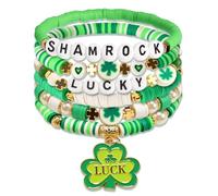 Blinket Lucky Charm Shamrock Bracelets for St. Patrick's Day, Green Irish Blessing Stretch Bracelets with Bright Beads, 1, no gemstone