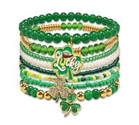 Blinket Lucky Charm Shamrock Bracelets for St. Patrick's Day, Green Irish Blessing Stretch Bracelets with Bright Beads, 1, no gemstone
