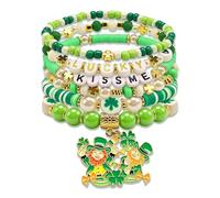 Blinket Lucky Charm Shamrock Bracelets for St. Patrick's Day, Green Irish Blessing Stretch Bracelets with Bright Beads, 1, no gemstone