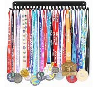 Bliocefo Medals Hanger Holder Display Steel Rack Hooks Wall Mount Frame Over 60 Medals-Sports Medal Hook Storage Organizer Never Give Up Ribbon with Easy Hanging Bars Black (24 Hooks Rack)