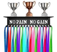 Bliocefo Medals Hanger Holder Display Steel Rack Hooks Wall Mount Frame Over 60 Medals-Sports Medal Hook Storage Organizer Never Give Up Ribbon with Easy Hanging Bars Black (No Pain No Gain Shelf)