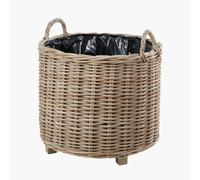 Bliss and Bloom Round Wicker Planter with Plastic Lining Grey & Buff Kubu Rattan Medium Basket Indoor Outdoor