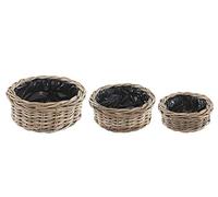 Bliss and Bloom Wicker Planter Flower Pot Basket Round Grey & Buff Set of 3 | Lined, Rattan, Round