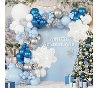 BlissBash 148Pcs Winter Balloon Arch Garland Kit with Blue White Metallic Blue Siver Snowflake Balloons for Winter Wonderland Baby Shower, Christmas Party Supplies, Snow Theme Birthday Decoration