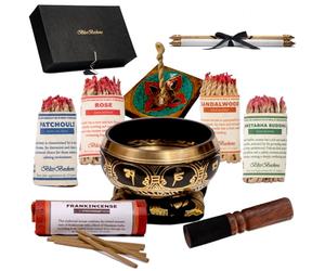 BlissBeckons Meditation Accessories Gift Set, 4.5 Inch Tibetan Singing Bowl with Striker and Cushion, Incense Variety Pack with Holder, Meditation Poem on Scroll