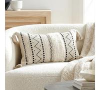 BlissBlush 12x20 Lumbar Pillow Cover, Cream Neutral Rectangular Decorative Cushion Cover with Black Pattern, Cotton Boho Accent Pillowcase with Tassels for Couch Sofa Living Room (Cover Only)