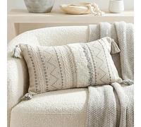 BlissBlush 12x20 Lumbar Pillow Cover, Cream Neutral Rectangular Decorative Cushion Cover with Gray Pattern, Boho Accent Pillowcase with Tassels for Couch Sofa Living Room (Cover Only)