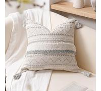 BlissBlush 18X18 Throw Pillow Cover, Cream Neutral Square Decorative Cushion Cover with Gray Pattern, Boho Accent Pillowcase with Tufted Details and Tassels for Couch Sofa Living Room (Cover Only)