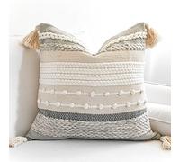 BlissBlush Bluish Gray & Cream Boho Throw Pillow Case, Decorative Woven Textured Pillow Cover, Sofa Couch Pillow Cover with Tassels