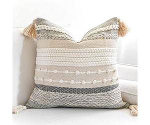 BlissBlush Bluish Gray & Cream Boho Throw Pillow Case, Decorative Woven Textured Pillow Cover, Sofa Couch Pillow Cover with Tassels