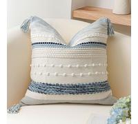 BlissBlush - Coastal Blue Bohemian Style Decorative Pillow Cover 18x18 Inch, Modern Bohemian Accent Square Woven Textured Farmhouse Style Throw Pillow Case for Bed Sofa (Package