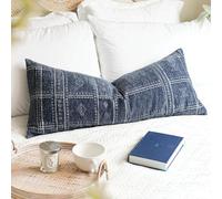 BlissBlush Dark Blue Boho Lumbar Throw Pillow Cover 14X36, Decorative Long Accent Body Pillow for Bed, Farmhouse Woven Textured Pillowcase for Couch (Cover ONLY)