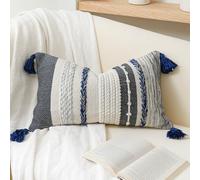 BlissBlush Decorative Lumbar Throw Pillow Cover 14x24 Boho Dark Blue Accent Cushion for Couch Sofa Farmhouse Pillowcase for Bedroom Living Room Home Décor Cover ONLY