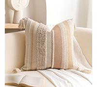 BlissBlush Decorative Throw Pillow Cover 20x20 Square Cream Neutral White Boho Accent Pillowcase Tassels Farmhouse Cushion for Couch Sofa Bedroom Living Room Home Décor (Cover ONLY, Pack of 1)