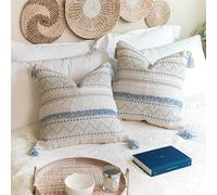 BlissBlush Decorative Throw Pillow Covers 18X18 Combo Set of 2 Square Coastal Blue Boho Accent Pillowcase Tassels Farmhouse Cushion for Couch Sofa Bedroom Living Room Home Décor Cover ONLY