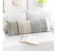 BlissBlush Gray Boho Lumbar Throw Pillow Cover 14x36 Grey Accent Long Body Lumbar Pillow for Bed Decorative Modern Bohemian Woven Textured Lumbar Pillow for Bed Cover ONLY