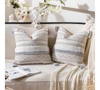 BlissBlush Gray Decorative Throw Pillow Cover 18X18 Combo Set of 2 Square Boho Neutral Grey Accent Pillowcase Tassels Farmhouse Cushion for Couch Sofa Bedroom Living Room Home Décor Cover ONLY