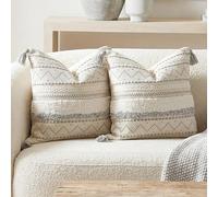 BlissBlush Gray Decorative Throw Pillow Covers 20x20 Combo Set of 2 Square Boho Neutral Grey Accent Pillowcase Tassels Farmhouse Cushion for Couch Sofa Bedroom Living Room Home Décor Cover ONLY