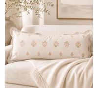 BlissBlush Long Lumbar Pillow Cover 14x36 for Bed, Cream White Velvet Decorative Lumbar Pillow Cover, Floral Accent Cushion Cover with Embroidery and Scalloped Edge for Couch Sofa Bed, Cover ONLY