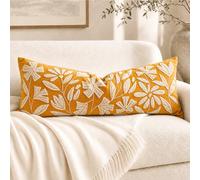 BlissBlush Long Lumbar Pillow Cover 14x36 for Bed, Mustard Floral Tufted Velvet Accent Oversize Throw Pillowcase for Bedroom, Cover Only