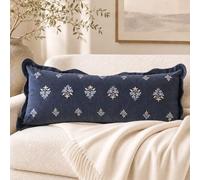BlissBlush Long Lumbar Pillow Cover 14x36 for Bed, Navy Blue Velvet Decorative Lumbar Pillow Cover, Floral Accent Cushion Cover with Embroidery and Scalloped Edge for Couch Sofa Bed, Cover ONLY