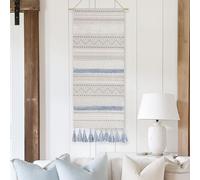 BlissBlush Long Vertical Wall Hanging Tapestry Coastal Blue Woven Boho Farmhouse Décor Tassel Handmade Wall Art Decoration for Bedroom Living Room Dorm Nursery Apartment, 16x39 INCH