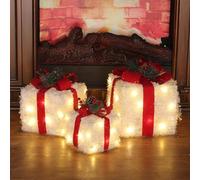 Blissbuilt 3 LED Decorative Gifts Light Boxes,Illuminated White Snow Present Lights Gift Boxes,with Bows,Pine,red Beads,Luminous Outdoor Decorative Gift