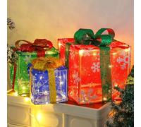 Blissbuilt Set Of 3 LED Light Up Decorative Coloured Christmas Parcel Set With Bow Indoor Outdoor Decoration Xmas Lights,for Holiday,Party,Home,8 Modes