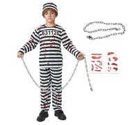 Blisscok Zombie Convict Costume, Black White with Trousers, Top, Hat,Chains, Stickers, Halloween Child Fancy Dress, Halloween Dress Up Costumes (L)