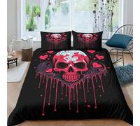 BLISSCOZY Red Heart Skull Comforter Cover 3Pcs Quilt Cover with Pillow Case And Zipper 3D Print Duvet Cover Microfiber for Child Youth Girly Decorations Bedding Set Double（200x200cm）