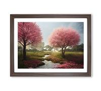Blissful Cherry Blossom Trees Framed Print | A3 Walnut Framed Wall Art | Ready to Hang | Modern Floral Picture | Living Room Bedroom Lounge Office