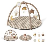 Blissful Diary Baby Play Gym Mat, Play Mat Activity Mat with 6 Detachable Toys for Stage-Based Sensory & Motor Skill Development, Easy to Install & Clean, Baby Essentials Gift, Brown Checkerboard