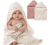 Blissful Diary Muslin Baby Hooded Towel 2 Pack, Soft & Absorbent Bath Towel for Baby Girls, Infant Gift, Newborn Essentials, Pink Floral & Light Pink