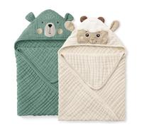 Blissful Diary Muslin Baby Hooded Towel 2 Pack, Soft & Absorbent Bath Towel for Infant, Toddler, Unisex, Baby Gift, Newborn Essentials, Bear & Lamb
