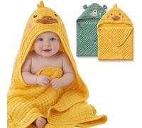Blissful Diary Muslin Baby Hooded Towel 2 Pack, Soft & Absorbent Bath Towel for Infant, Toddler, Unisex, Baby Gift, Newborn Essentials, Smart Bear & Sunny Duck