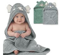 Blissful Diary Muslin Baby Hooded Towel 2 Pack, Soft & Absorbent Bath Towel for Infant, Toddler, Unisex, Baby Gift, Newborn Essentials, Smart Bear & Wise Elephant