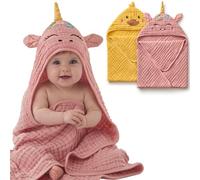 Blissful Diary Muslin Baby Hooded Towel 2 Pack, Soft & Absorbent Bath Towel for Infant, Toddler, Unisex, Baby Gift, Newborn Essentials, Smart Bear & Sunny Duck