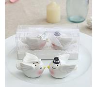 Blissful Wedding Salt and Pepper Set, Bride and Groom Mini Ceramic Shakers, Whimsical Cake Topper