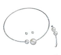 BlissfulAbode Silver Imitation Pearl Jewelry Set 3 Piece Elegant | Necklace bracelet earrings, coordinated ensemble, complete set, for perfect for bridesmaids, wedding guest