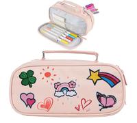 BLISSIQUEE Large Pencil Case with 12 Embroidery Patch, Pink Pencil Case with Compartments, Stationery Organizer Pen Pouch, Personalised Pencil Cases for School Office Supplies Girls Women Student