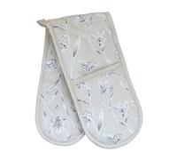 BlissLo Cotton Double Oven Gloves Heat Resistant, Machine Washable Oven Gloves Double Protects Hands, Attached Oven Mitts Durable, Heat Proof Pot Holders for Kitchen with Hanging Loop - Cream Floral