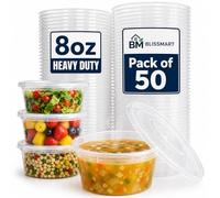 BLISSMART 8oz Round Plastic Food Containers With Lids 50 Pack 236ml Reusable Leak Proof Microwave Dishwasher Freezer Safe Food Storage Tubs Clear (50)
