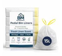 BLISSMART Pedal Bin Bags 15L - 100pk White Drawstring Pedal Bin Liners Small Bin Bag Rolls Fresh Linen Scented Small Bin Liners Odour Neutralising For Bathroom Kitchen Office Waste (15L - 100 Bags)